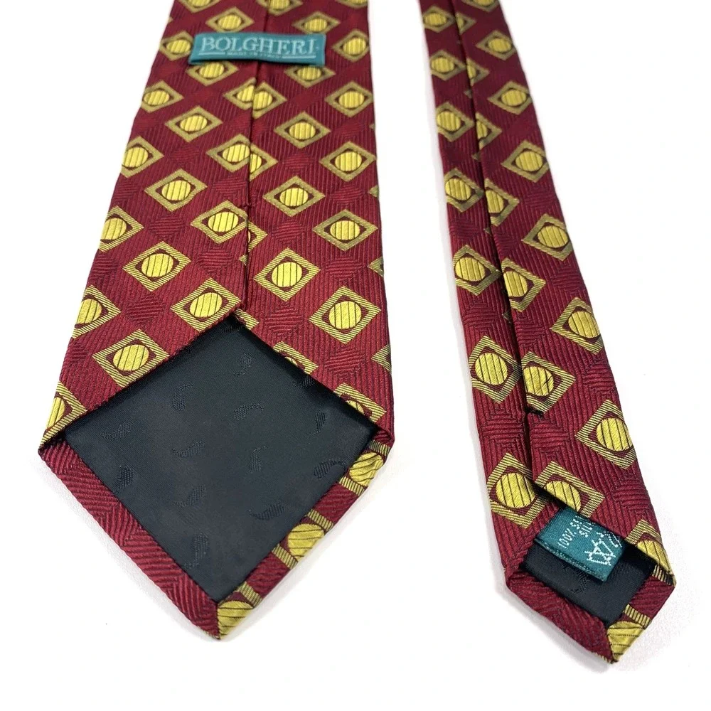 Bolgheri of Italy Mens Tie Crimson Maroon w Gold Geometric Design 100% Silk Repp